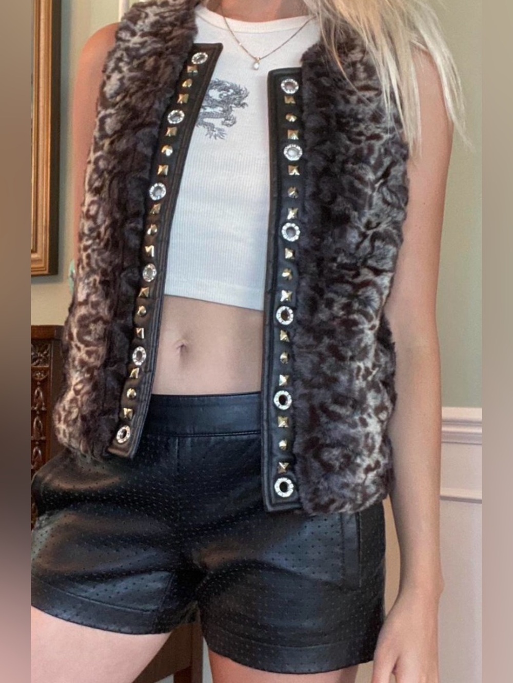Faux Fur Leather Vest with Rhinestone Detail
